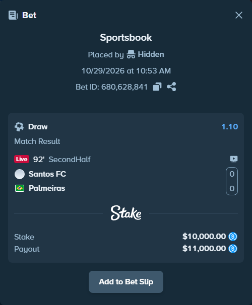 Bet slip: Santos - Palmeiras, $10,000.00 stake at 1.10 odds, placed by petterblom