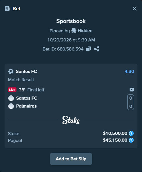 Bet slip: Santos - Palmeiras, $10,500.00 stake at 4.30 odds, placed by Melia212