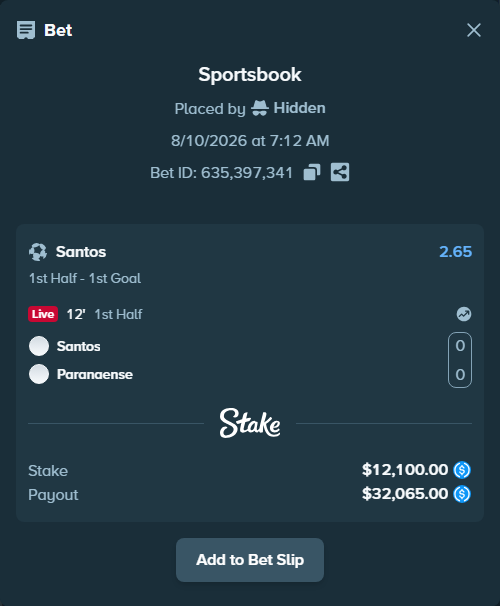 Bet slip: Santos - Paranaense, $12,100.00 stake at 2.65 odds, placed by Hidden