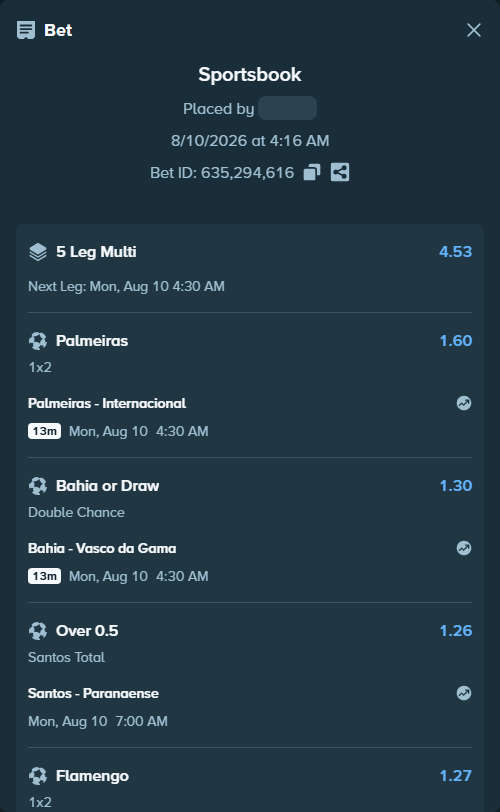 Bet slip: Santos - Paranaense, $12,500.00 stake at 1.26 odds, placed by SH7N28