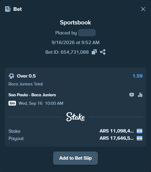 Bet slip: Sao Paulo - Boca Juniors, $12,208.30 stake at 1.59 odds, placed by JuanGoroski