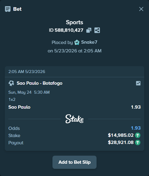 Bet slip: Sao Paulo - Botafogo, $15,000.00 stake at 1.93 odds, placed by Snake7
