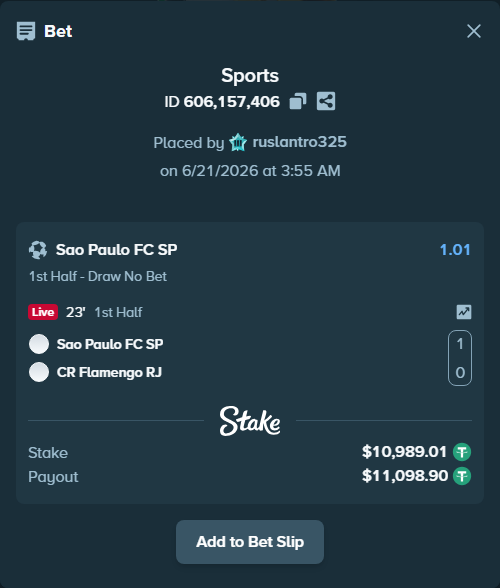 Bet slip: Sao Paulo FC SP - CR Flamengo RJ, $11,000.00 stake at 1.01 odds, placed by ruslantro325
