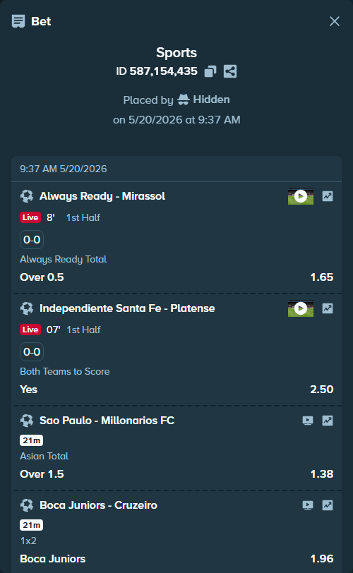 Bet slip: Sao Paulo - Millonarios FC, $15,026.00 stake at 1.38 odds, placed by Hidden