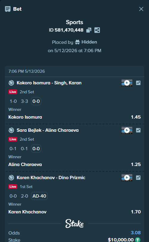 Bet slip: Sara Bejlek - Alina Charaeva, $10,000.00 stake at 1.25 odds, placed by Hidden