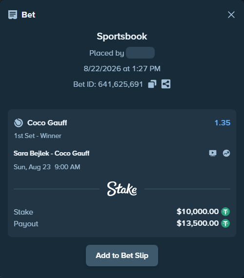 Bet slip: Sara Bejlek - Coco Gauff, $10,000.00 stake at 1.35 odds, placed by Nicolerrk