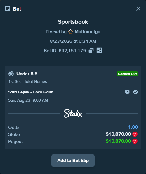 Bet slip: Sara Bejlek - Coco Gauff, $10,840.07 stake at 2.41 odds, placed by Mottamotya