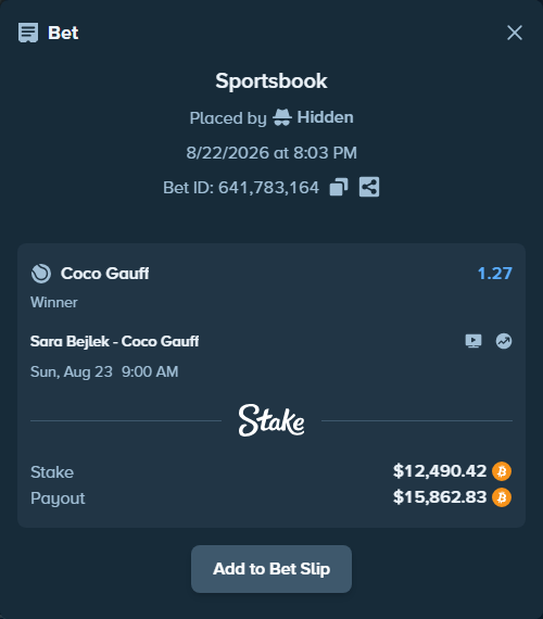 Bet slip: Sara Bejlek - Coco Gauff, $12,605.44 stake at 1.27 odds, placed by Hidden