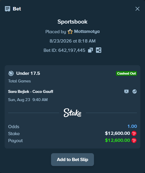 Bet slip: Sara Bejlek - Coco Gauff, $12,591.80 stake at 2.95 odds, placed by Mottamotya