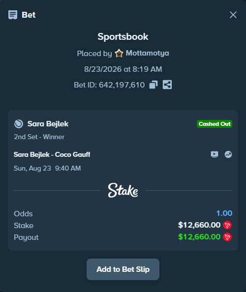 Bet slip: Sara Bejlek - Coco Gauff, $12,651.76 stake at 3.30 odds, placed by Mottamotya