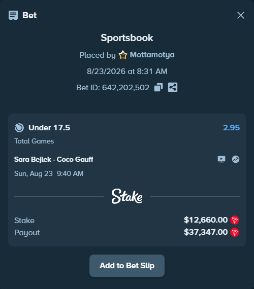 Bet slip: Sara Bejlek - Coco Gauff, $12,669.73 stake at 2.95 odds, placed by Mottamotya