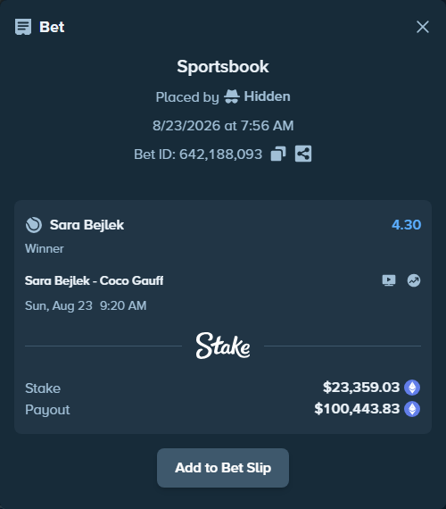 Bet slip: Sara Bejlek - Coco Gauff, $22,974.00 stake at 4.30 odds, placed by Hidden