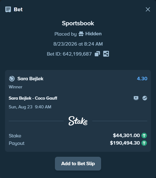 Bet slip: Sara Bejlek - Coco Gauff, $44,301.00 stake at 4.30 odds, placed by Hidden