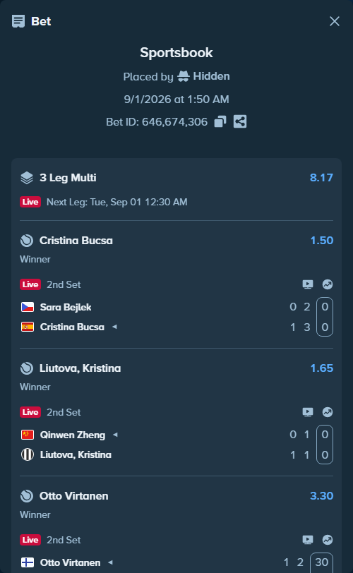 Bet slip: Sara Bejlek - Cristina Bucsa, $10,000.00 stake at 1.50 odds, placed by Hidden