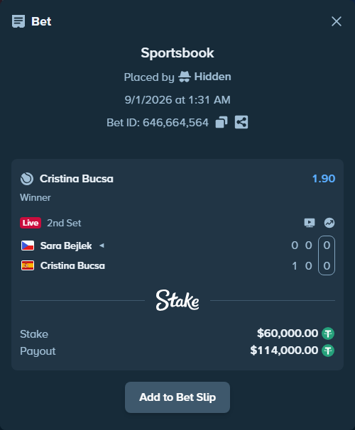 Bet slip: Sara Bejlek - Cristina Bucsa, $60,000.00 stake at 1.90 odds, placed by Hidden