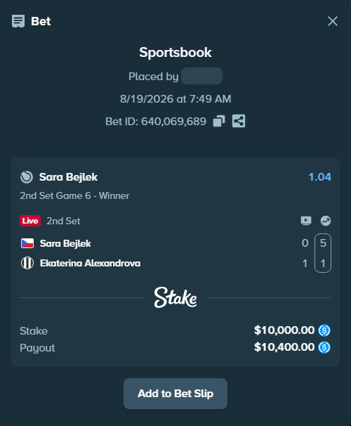 Bet slip: Sara Bejlek - Ekaterina Alexandrova, $10,000.00 stake at 1.04 odds, placed by lucymasi