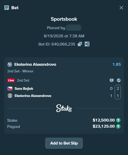 Bet slip: Sara Bejlek - Ekaterina Alexandrova, $12,512.50 stake at 1.85 odds, placed by Davidbushel1