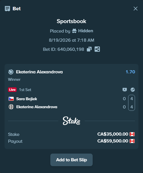Bet slip: Sara Bejlek - Ekaterina Alexandrova, $25,900.00 stake at 1.70 odds, placed by Hidden
