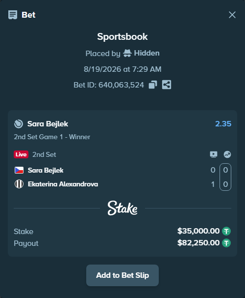 Bet slip: Sara Bejlek - Ekaterina Alexandrova, $35,035.00 stake at 2.35 odds, placed by Hidden