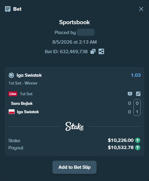 Bet slip: Sara Bejlek - Iga Swiatek, $10,236.23 stake at 1.03 odds, placed by RestStake27