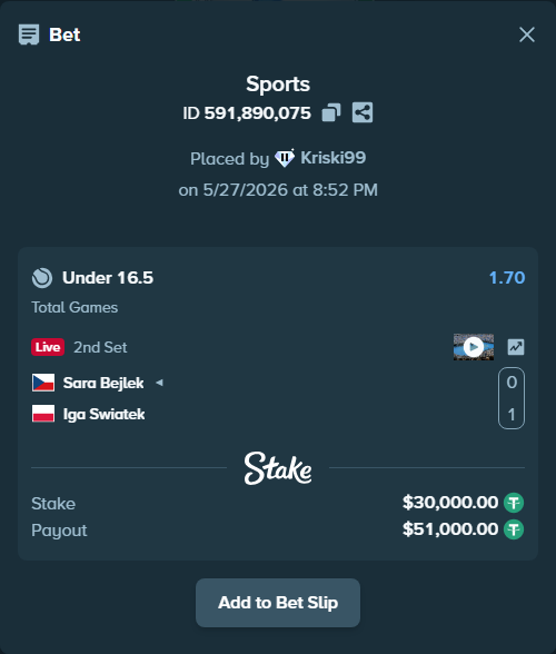 Bet slip: Sara Bejlek - Iga Swiatek, $30,030.00 stake at 1.70 odds, placed by Kriski99