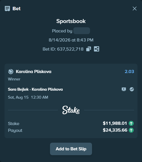 Bet slip: Sara Bejlek - Karolina Pliskova, $12,000.00 stake at 2.03 odds, placed by kaeem