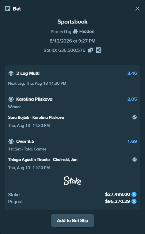 Bet slip: Sara Bejlek - Karolina Pliskova, $27,499.00 stake at 2.05 odds, placed by Hidden