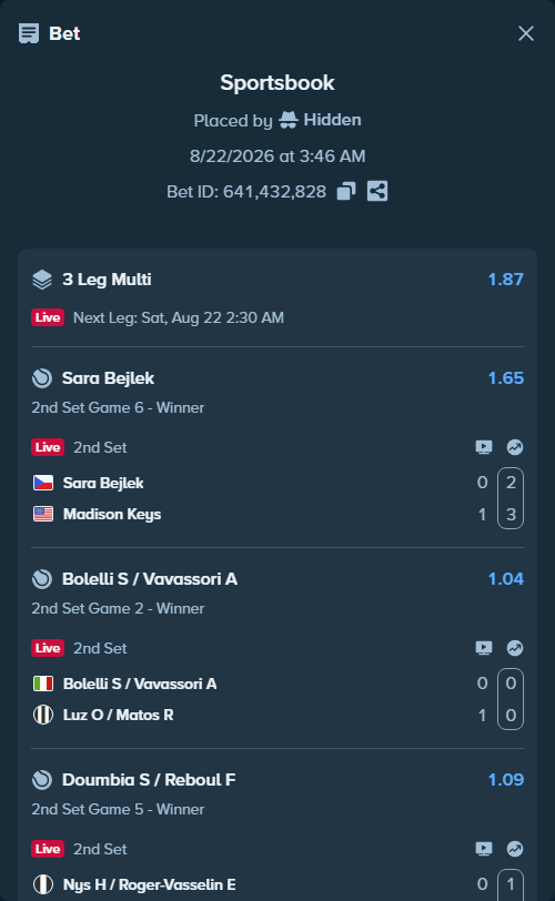 Bet slip: Sara Bejlek - Madison Keys, $10,700.00 stake at 1.65 odds, placed by Hidden