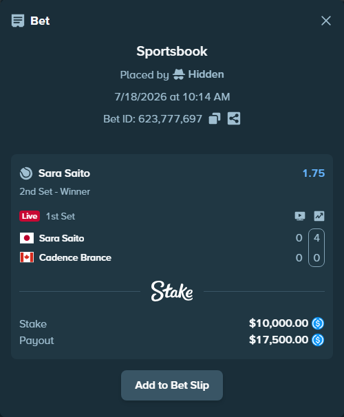 Bet slip: Sara Saito - Cadence Brance, $10,000.00 stake at 1.75 odds, placed by Hidden