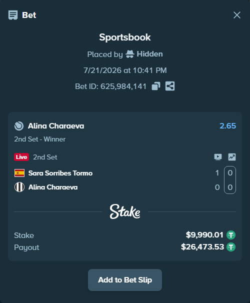 Bet slip: Sara Sorribes Tormo - Alina Charaeva, $10,000.00 stake at 2.65 odds, placed by Hidden