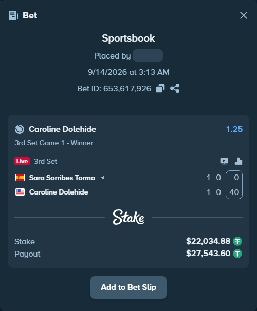 Bet slip: Sara Sorribes Tormo - Caroline Dolehide, $22,030.47 stake at 1.25 odds, placed by DooDLeZ1love