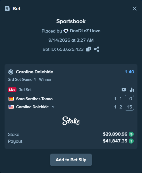 Bet slip: Sara Sorribes Tormo - Caroline Dolehide, $29,882.00 stake at 1.40 odds, placed by DooDLeZ1love