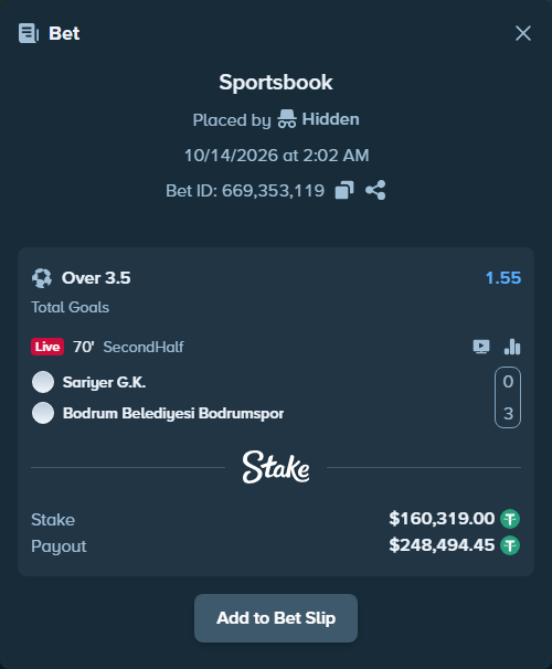 Bet slip: Sariyer SK - Bodrum FK, $160,479.32 stake at 1.55 odds, placed by Hidden