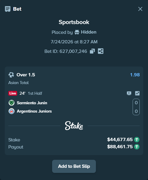 Bet slip: Sarmiento Junin - Argentinos Juniors, $44,722.33 stake at 1.98 odds, placed by Hidden