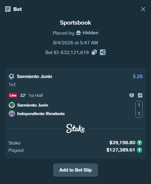 Bet slip: Sarmiento Junin - Independiente Rivadavia, $39,236.00 stake at 3.25 odds, placed by Hidden