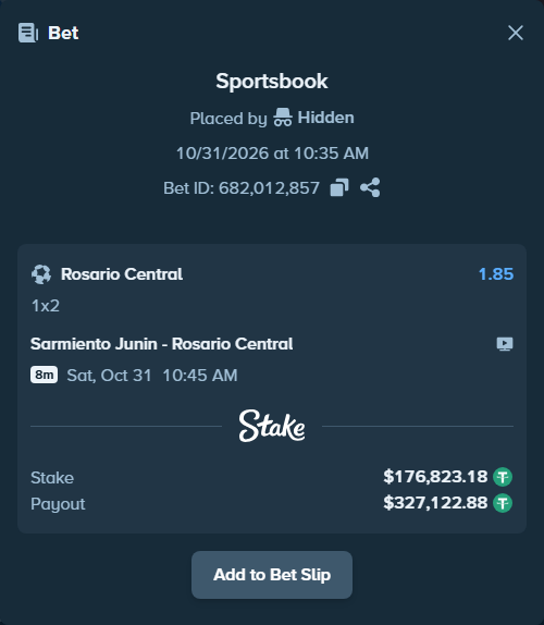 Bet slip: Sarmiento Junin - Rosario Central, $177,000.00 stake at 1.85 odds, placed by Hidden