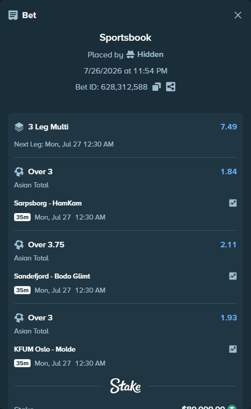 Bet slip: Sarpsborg - HamKam, $80,000.00 stake at 1.84 odds, placed by Hidden