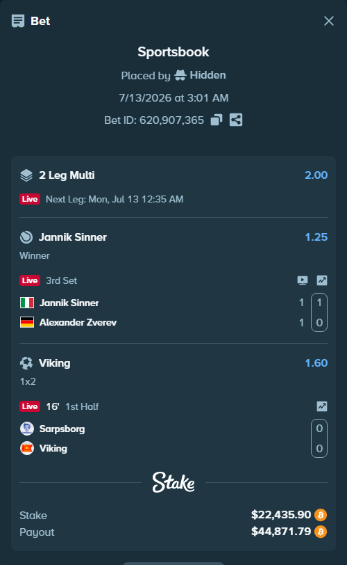 Bet slip: Sarpsborg - Viking, $22,513.40 stake at 1.60 odds, placed by Hidden