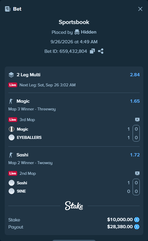 Bet slip: Sashi - 9INE, $10,000.00 stake at 1.72 odds, placed by Hidden