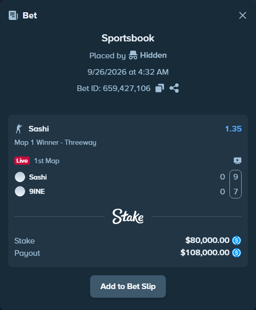 Bet slip: Sashi - 9INE, $80,000.00 stake at 1.35 odds, placed by Hidden