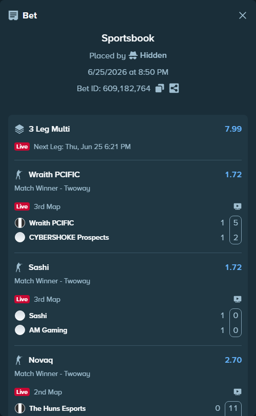 Bet slip: Sashi - AM Gaming, $15,000.00 stake at 1.72 odds, placed by Hidden