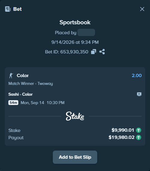 Bet slip: Sashi - Color, $10,000.00 stake at 2.00 odds, placed by mi6a1