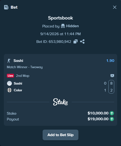 Bet slip: Sashi - Color, $10,000.00 stake at 1.90 odds, placed by Hidden