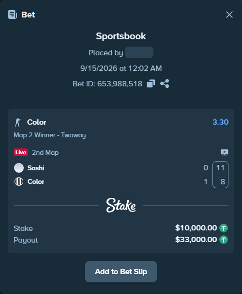 Bet slip: Sashi - Color, $10,000.00 stake at 3.30 odds, placed by saszakoncza