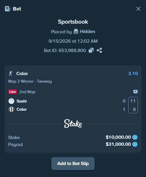 Bet slip: Sashi - Color, $10,000.00 stake at 3.10 odds, placed by Hidden