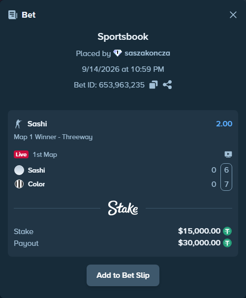 Bet slip: Sashi - Color, $15,000.00 stake at 2.00 odds, placed by saszakoncza