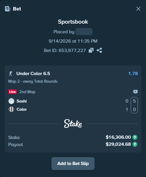 Bet slip: Sashi - Color, $16,306.00 stake at 1.78 odds, placed by saszakoncza