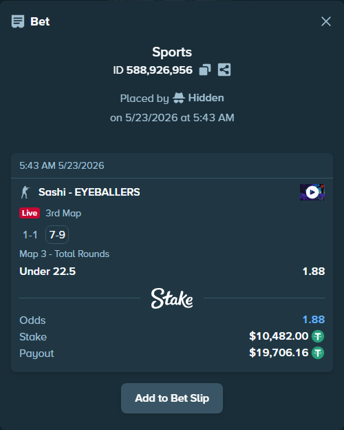 Bet slip: Sashi - EYEBALLERS, $10,492.48 stake at 1.88 odds, placed by Hidden