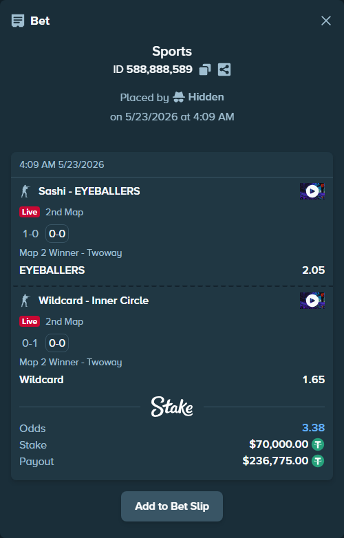 Bet slip: Sashi - EYEBALLERS, $70,070.00 stake at 2.05 odds, placed by Hidden