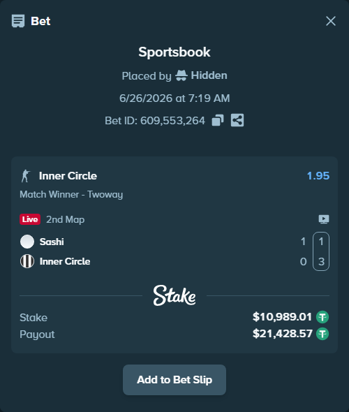 Bet slip: Sashi - Inner Circle, $11,000.00 stake at 1.95 odds, placed by Hidden